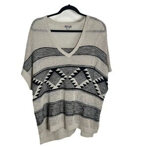 J Jill‎ Women's M/L Open Weave Knit Sweater Short Sleeve Aztec Print Boho Beige